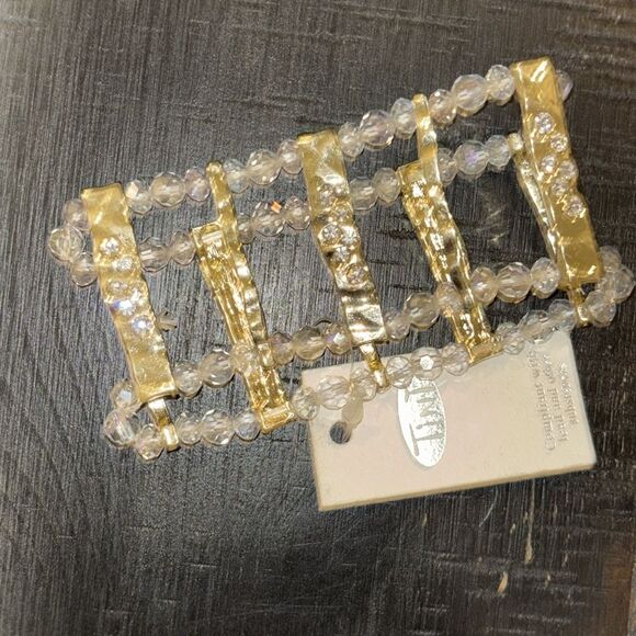 NWT Tint Clear Bead Beaded Rhinestone Stretch Thick Bracelet Gold Tone Hammered - Picture 4 of 6